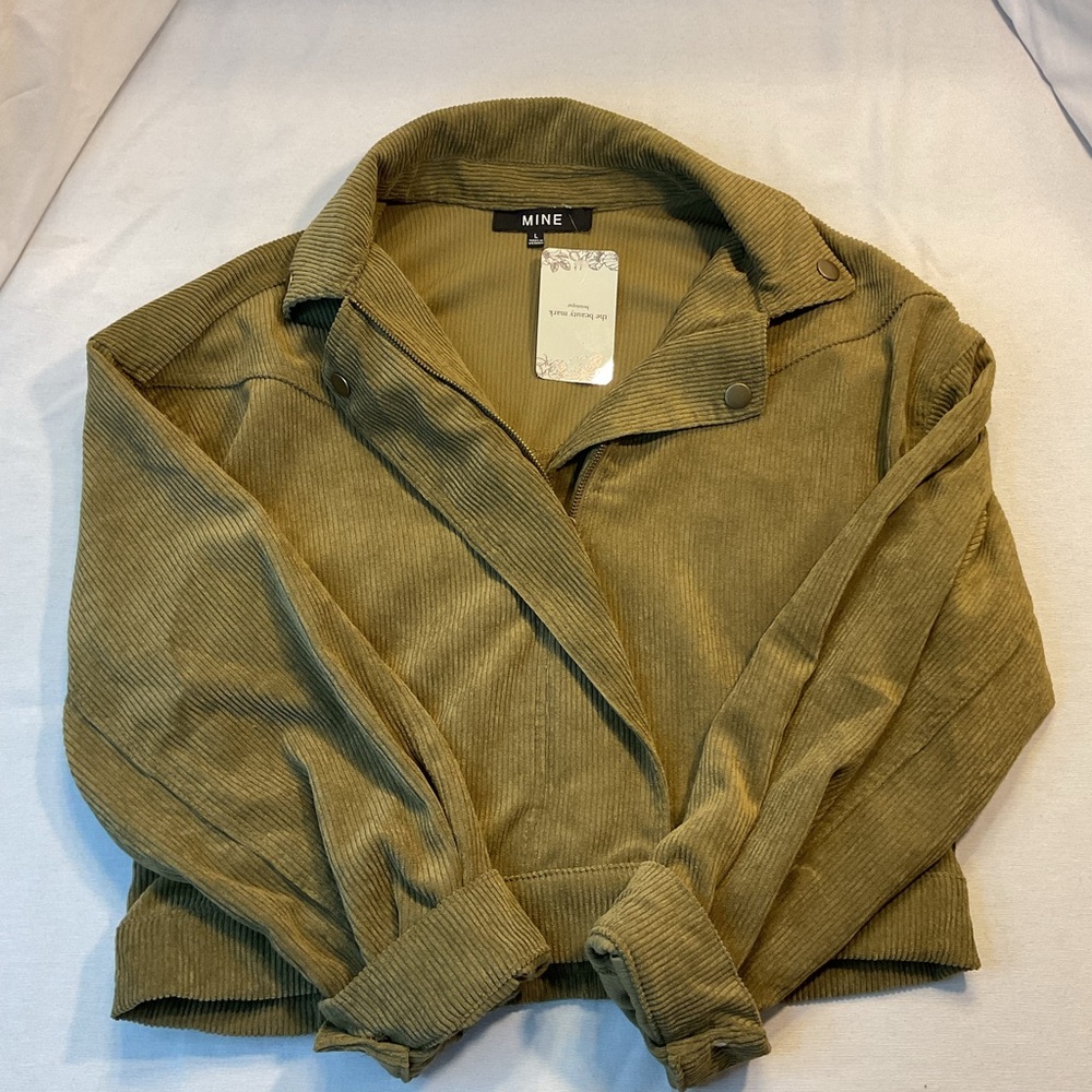 MINE NWT Women's Jacket, Dark Tan, Corduroy, Zip-Up, Button Accents Size L